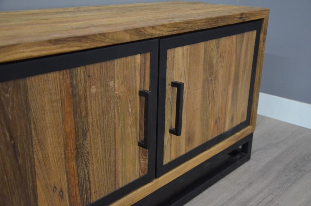 Industriële teak tv-kast 220cm, Teakhout, Nieuw, Ophalen of Verzenden, 200 cm of meer