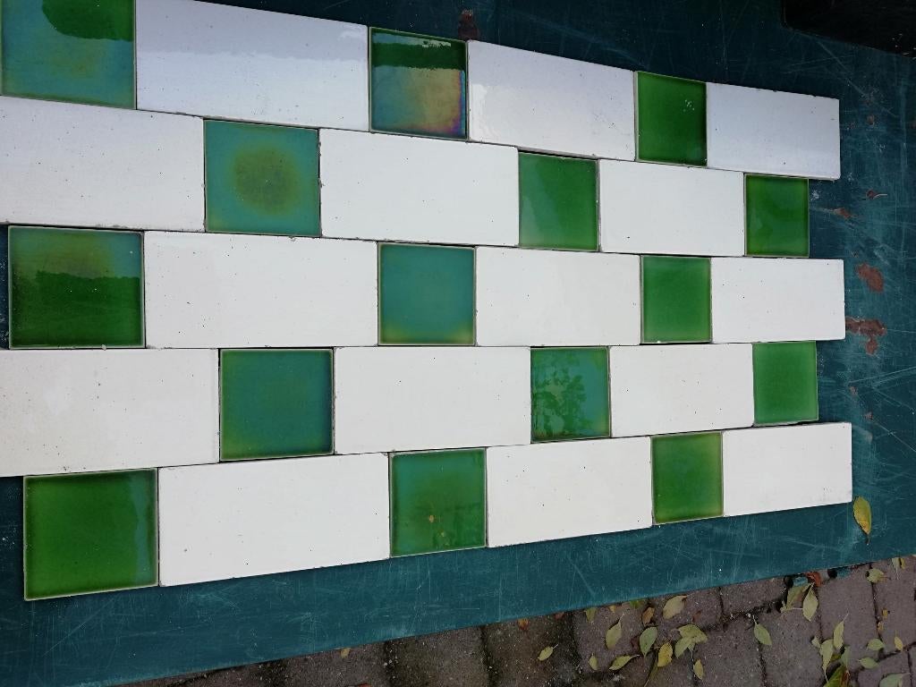 5m2 antieke wandtegels cremewit met groen vulblokje, Antiek en Kunst, Ophalen