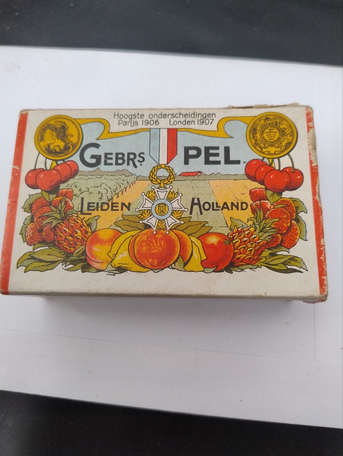 🔴 Oud doosje van Gebrs Pel Leiden vruchten-borstplaat, Ophalen of Verzenden, Gebruikt, Overige typen