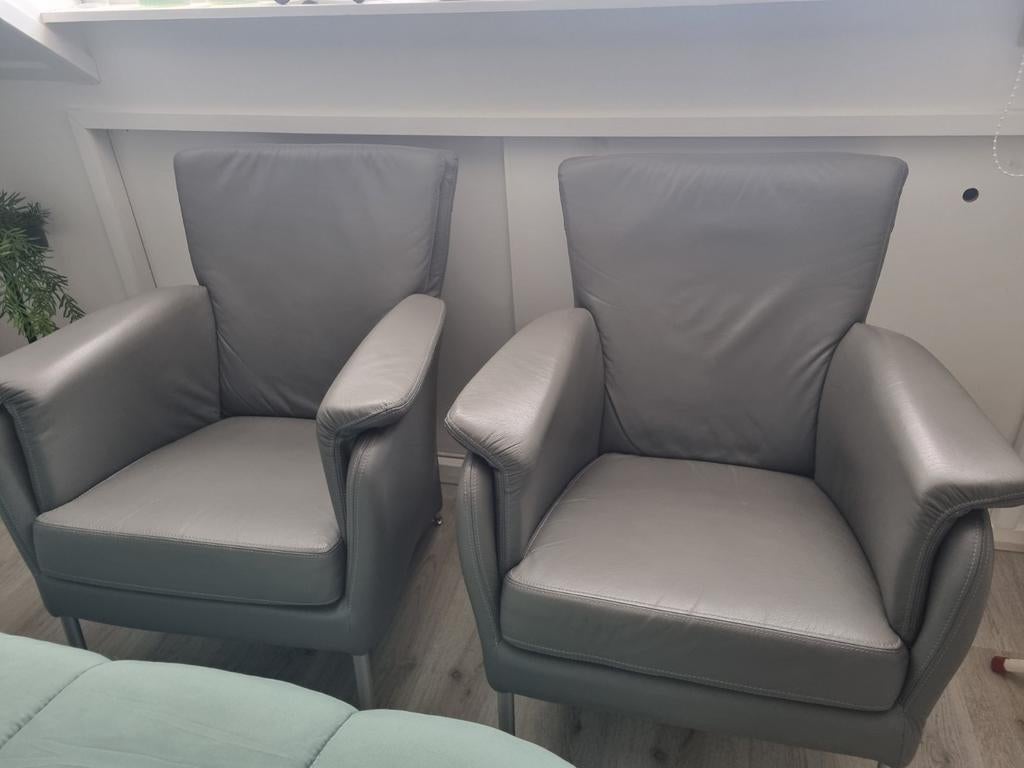 2 Grijze Leren Stoeltjes - Comfortabel en Stijlvol, Huis en Inrichting, Fauteuils, Ophalen, Gebruikt, Leer, 75 tot 100 cm