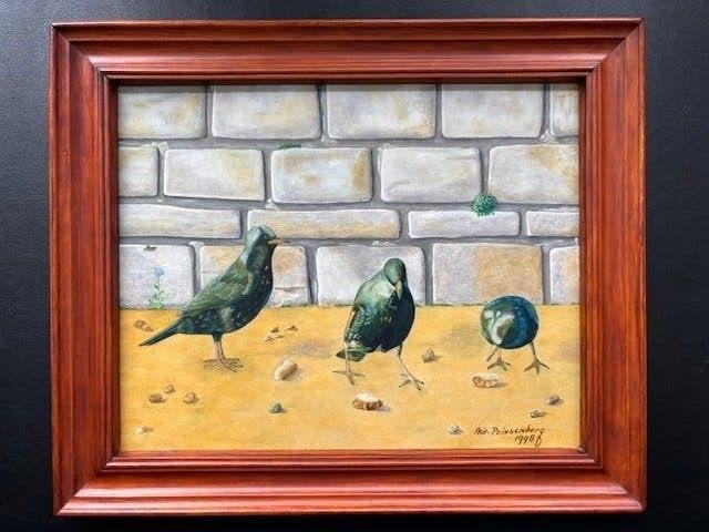 Olieverf schilderij, vogels, 38 x 30 cm, Overige stijlen, Doek, Dieren, Ophalen of Verzenden