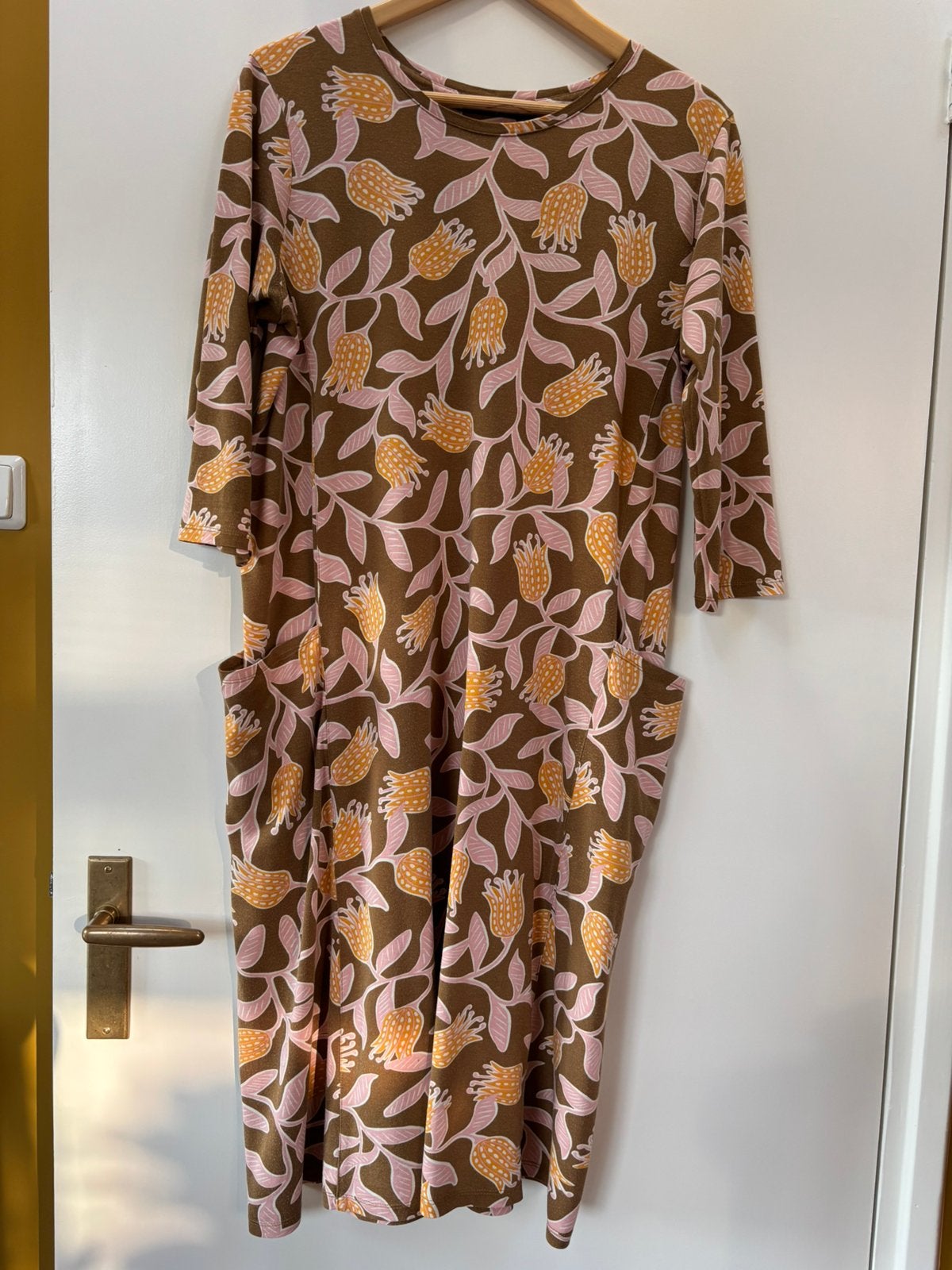 Mooie jurk, Gudrun Sjoden, bruin/roze/geel, maat M, Kleding | Dames, Maat 38/40 (M), Meerkleurig, Ophalen of Verzenden, Gedragen