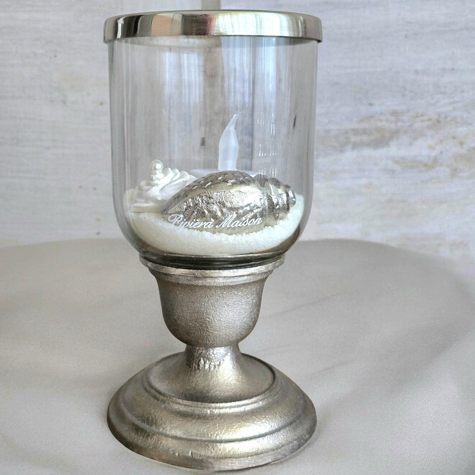 1 Rivièra maison shell & 1 hurricane glass / nickel, Ophalen of Verzenden, Zo goed als nieuw, Overige materialen, Minder dan 25 cm