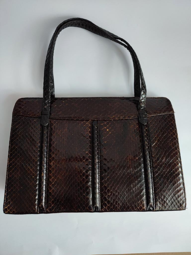 Vintage bruin leren handtas reptielenleer slangenleer '50, Sieraden, Tassen en Uiterlijk, Tassen | Damestassen, Ophalen of Verzenden