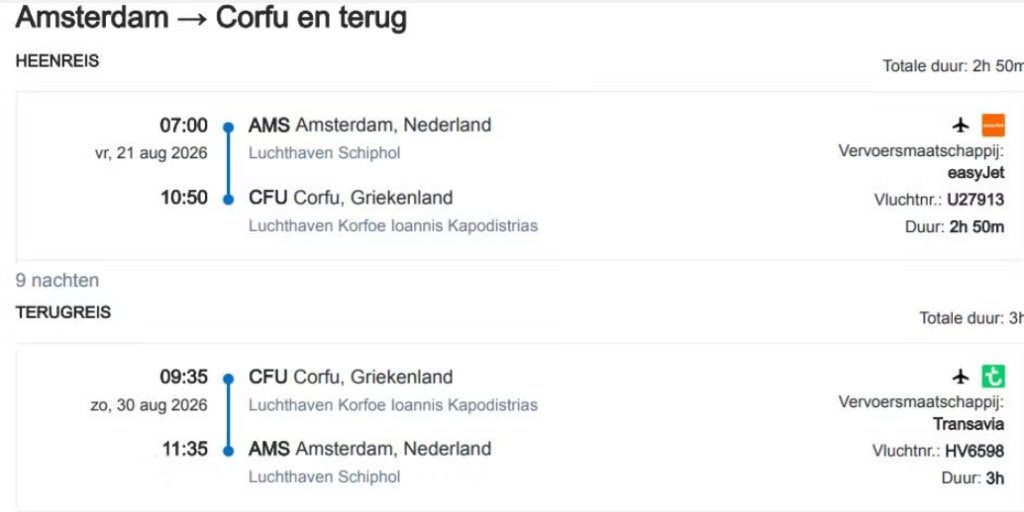 Retourtickets AMS - Corfu, Twee personen, Vliegtuig, Buitenland, Met bestemming of datum