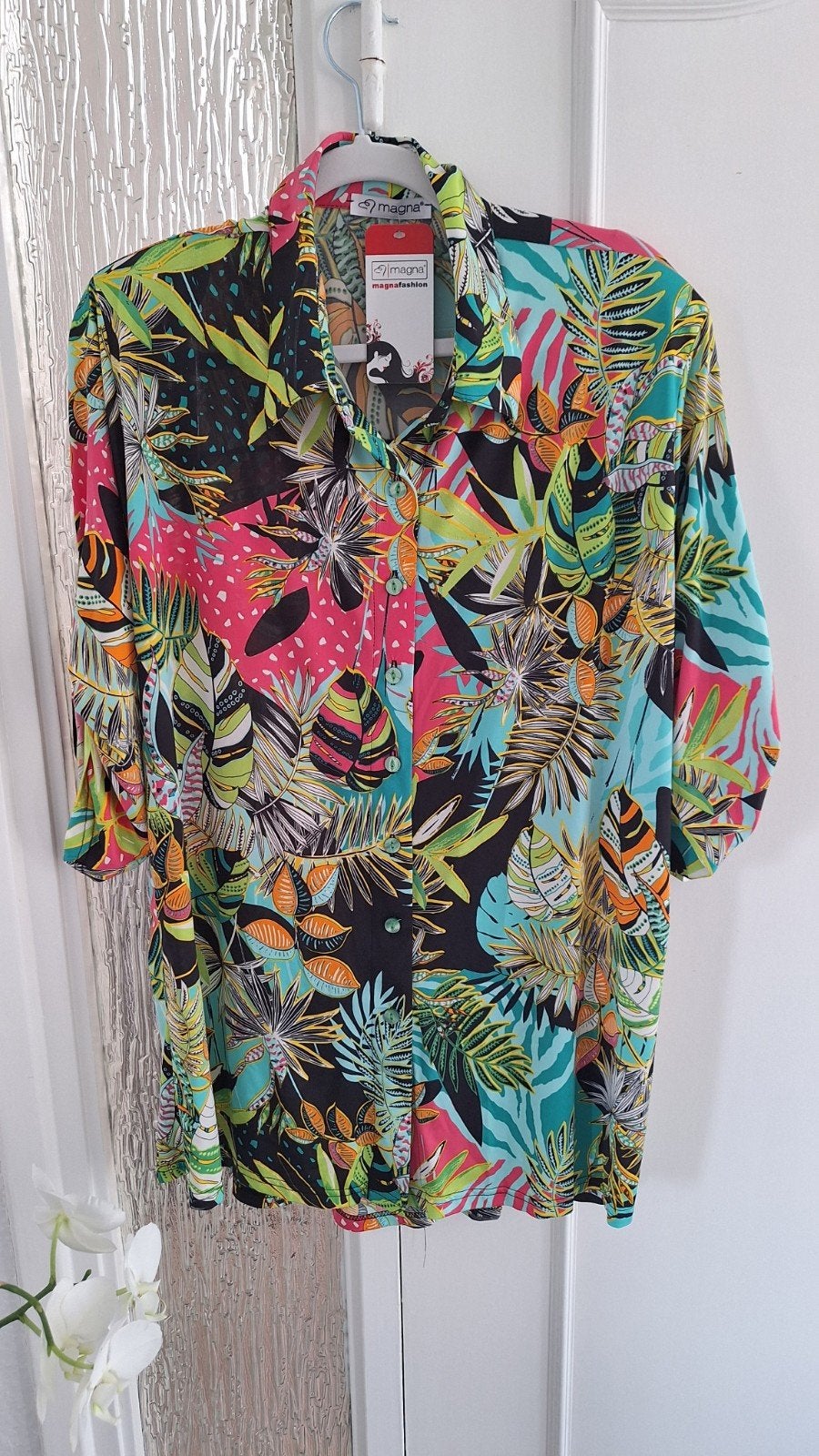 Magna Fashion Blouse met Tropische Print - Maat L, Blauw, Maat 42/44 (L), Ophalen of Verzenden, Zo goed als nieuw