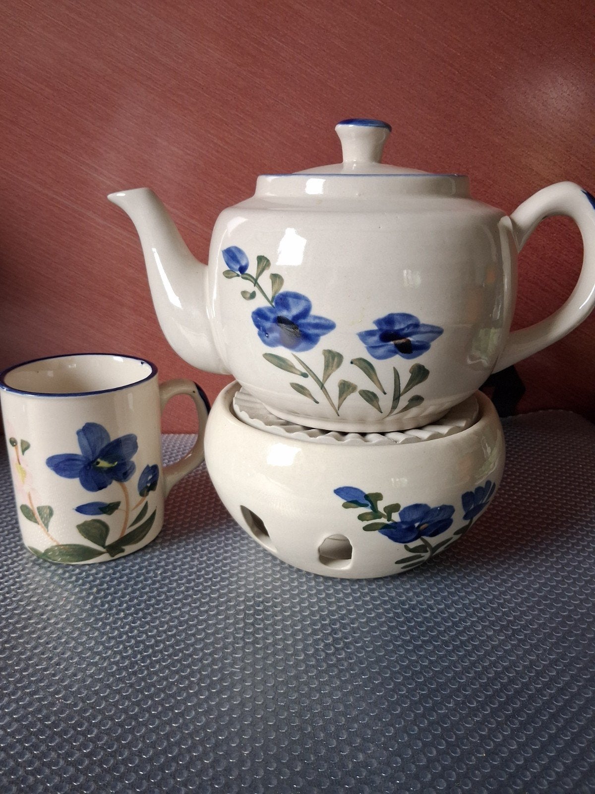 Theepot met theelicht, handgeschilderd, blauwe bloemen, Gebruikt, Overige merken, Keramiek, Vintage