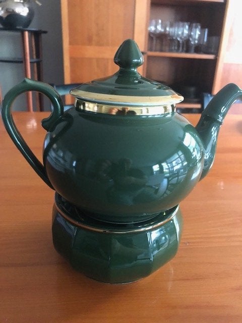 PILLIVUYT Theepot met rechaud. Groen met gouden rand, Huis en Inrichting, Overige merken, Ophalen of Verzenden, Zo goed als nieuw