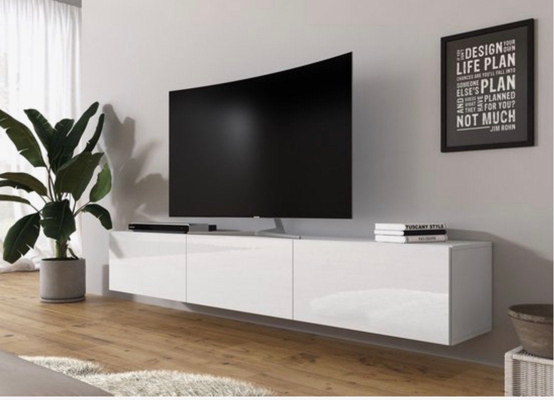 Moderne zwevende tv-meubel wit hoogglans ZGAN, Overige materialen, 150 tot 200 cm, Ophalen of Verzenden, Zo goed als nieuw