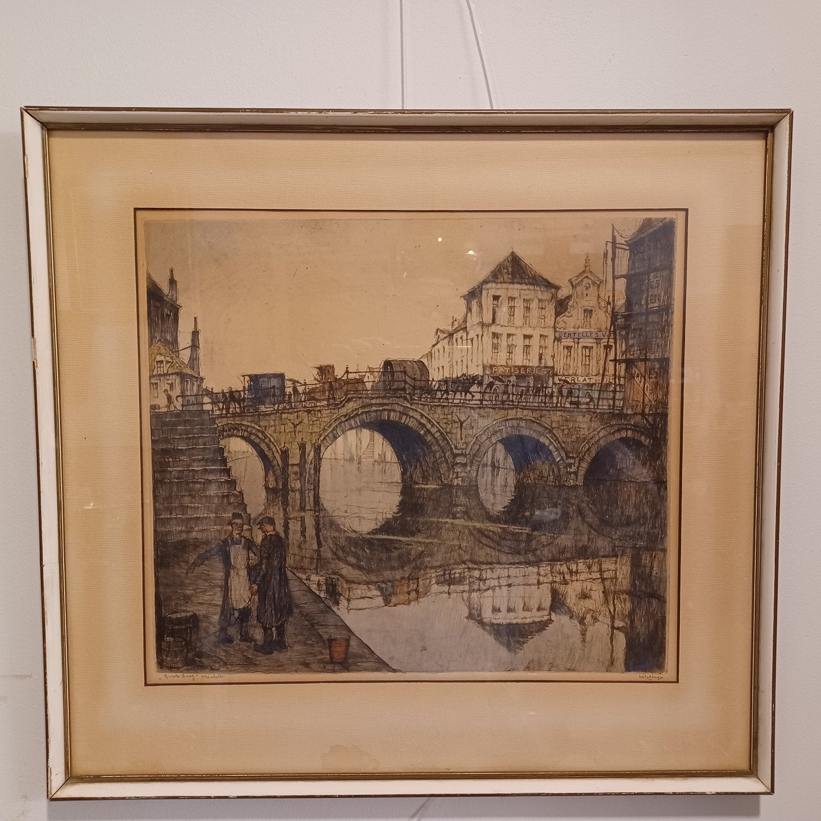 gravure Han Jelinger Hoogbrug of Grootbrug Mechelen Belgie, Antiek en Kunst, 55 cm, Stadsgezicht, Ophalen of Verzenden, Gravure