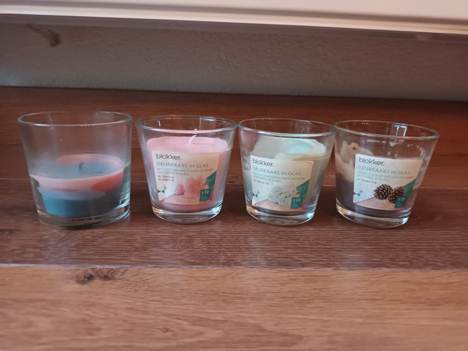 4x geurkaars in glas kaars kaarsen kaarsjes 1x nieuw blossom, Ophalen of Verzenden, Overige materialen, Kaars