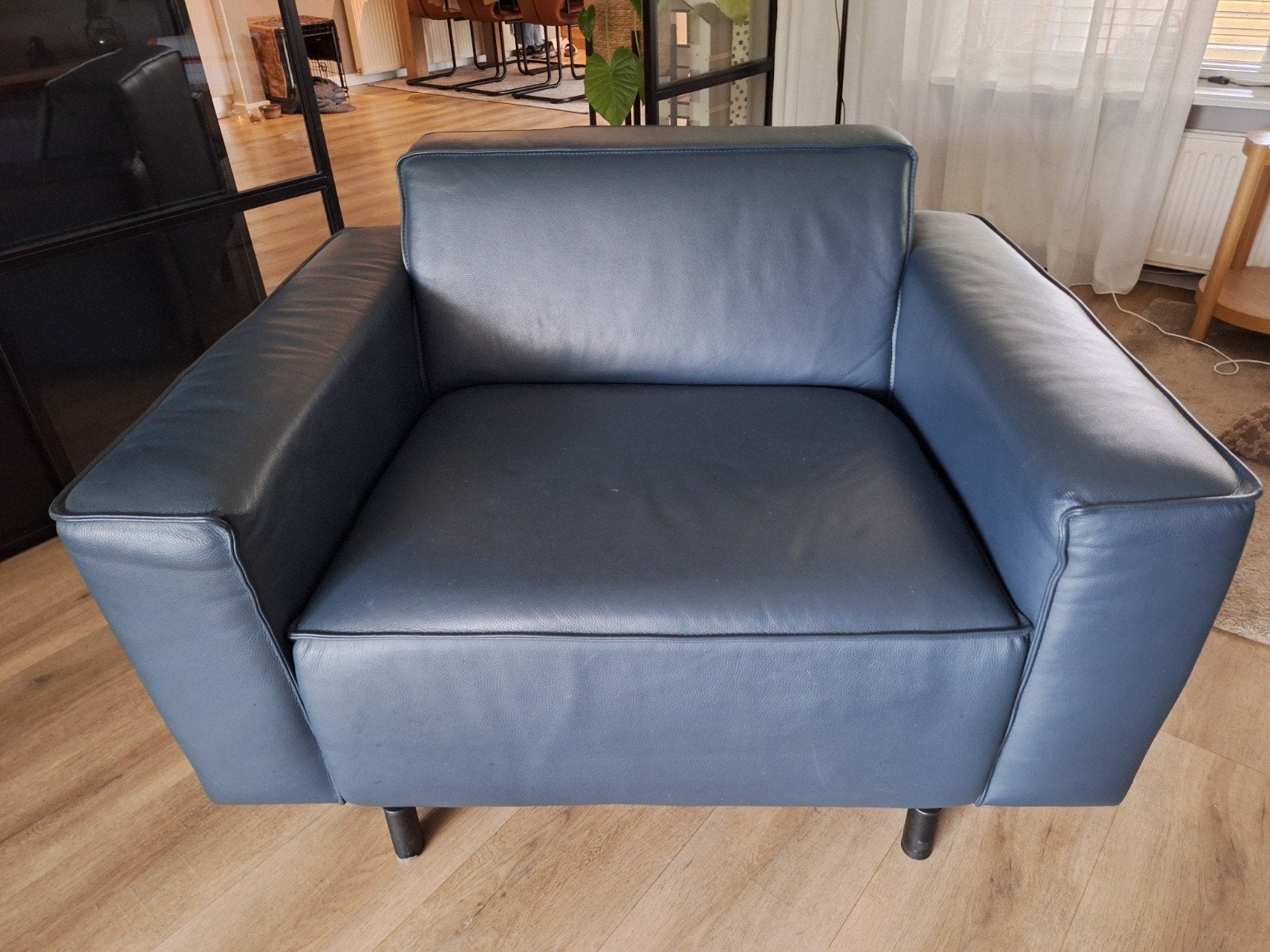Leren fauteuil - Loveseat - Blauw, Huis en Inrichting, Ophalen, Gebruikt, 75 tot 100 cm, Leer