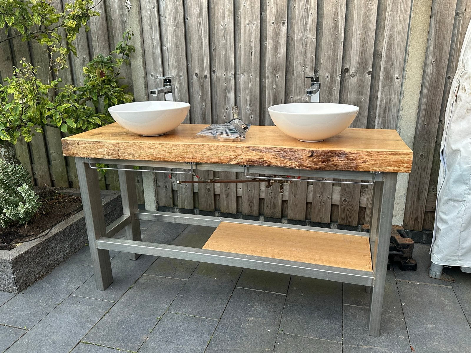 Badkamermeubel met dubbele waskom en eiken blad, Ophalen, 150 tot 200 cm, Zo goed als nieuw, Minder dan 100 cm