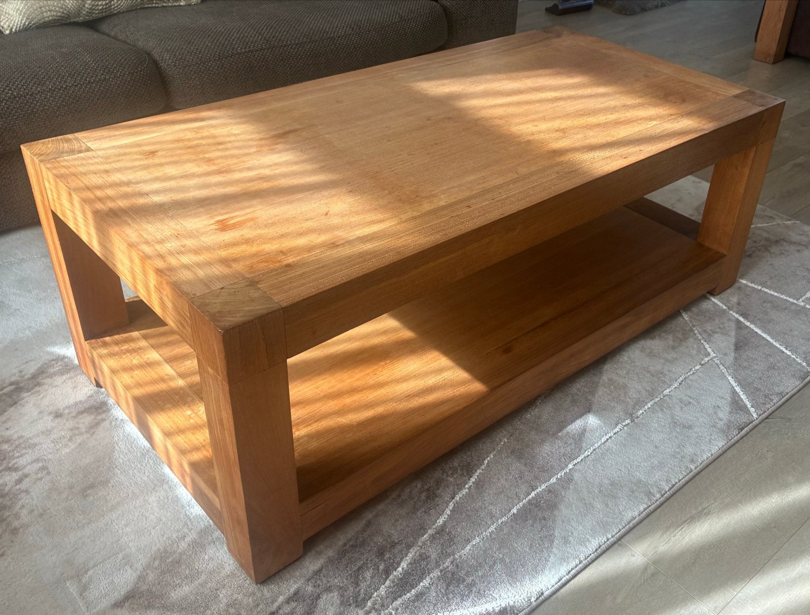 Massief teakhout  salontafel met opbergruimte, Ophalen, Gebruikt, 100 tot 150 cm, Teakhout