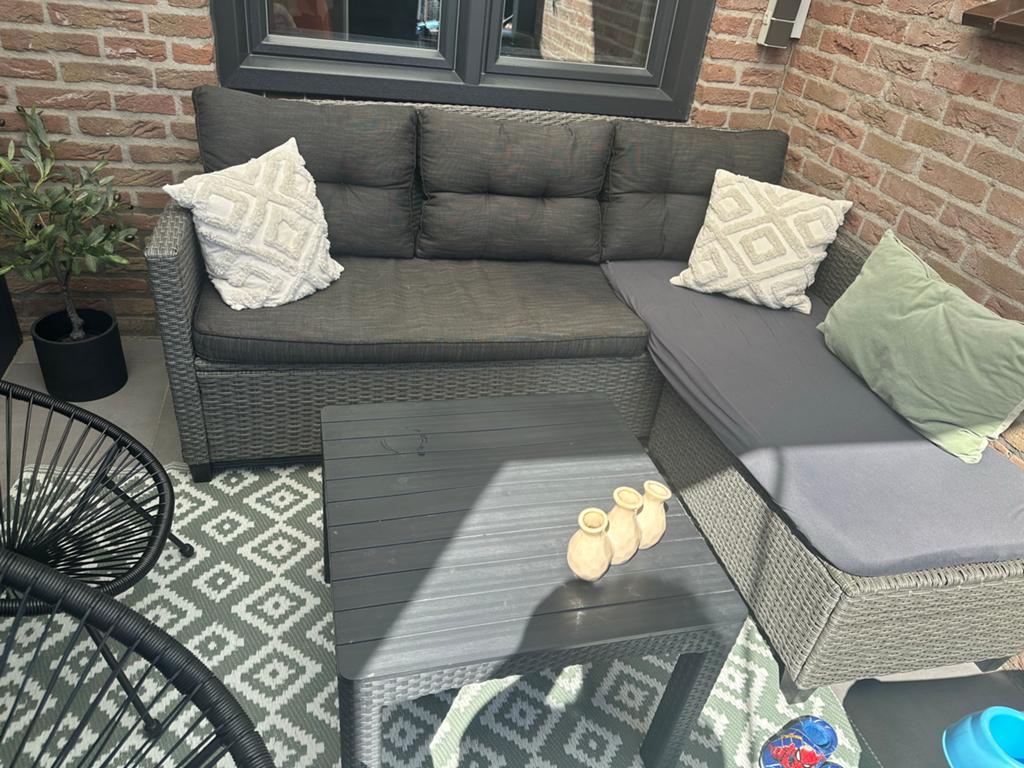 Loungeset met chaise longue - Grijs wicker, Ophalen, 4 zitplaatsen, Gebruikt, Loungeset