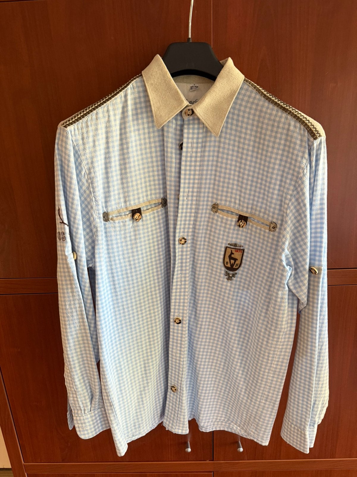 Trachtenhemd heren Maat M, Kleding | Heren, Ophalen of Verzenden, Gedragen, Blauw, Halswijdte 39/40 (M)