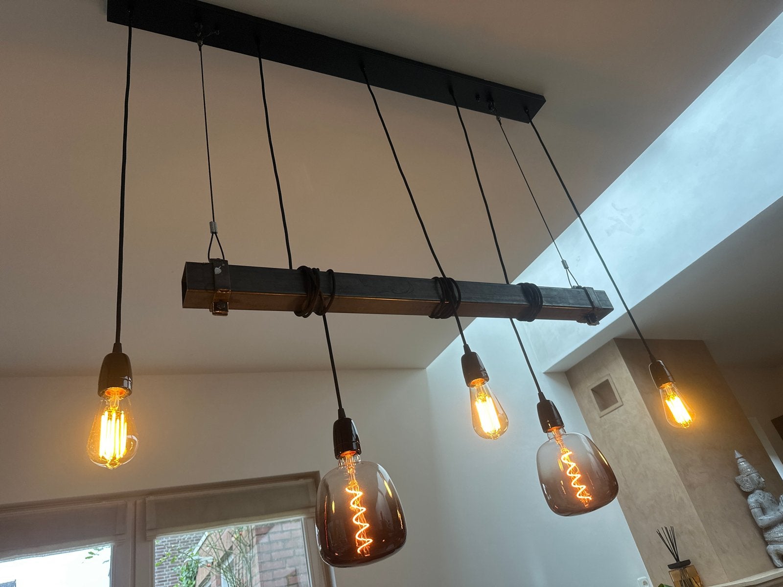 Industriële hanglamp met 5 Edison gloeilampen, Ophalen of Verzenden, Zo goed als nieuw, Metaal, E27 (groot)