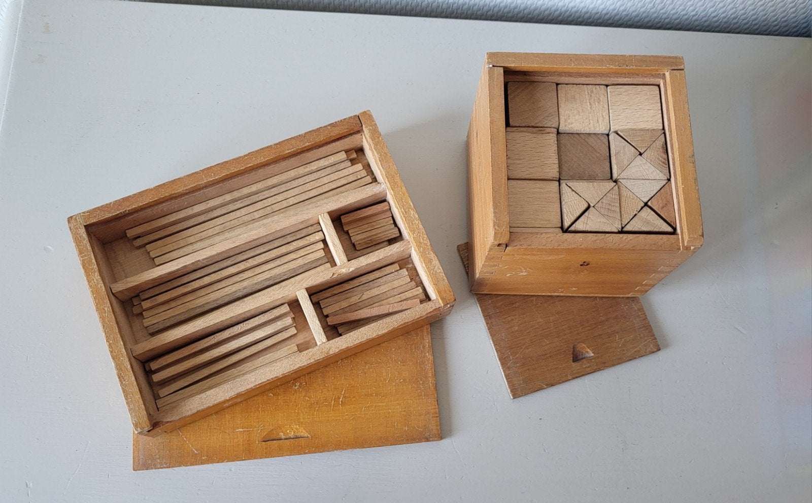 Vintage houten puzzeldozen - educatief speelgoed, Hobby en Vrije tijd, Gebruikt, Overige thema's, Educatief, Overige merken