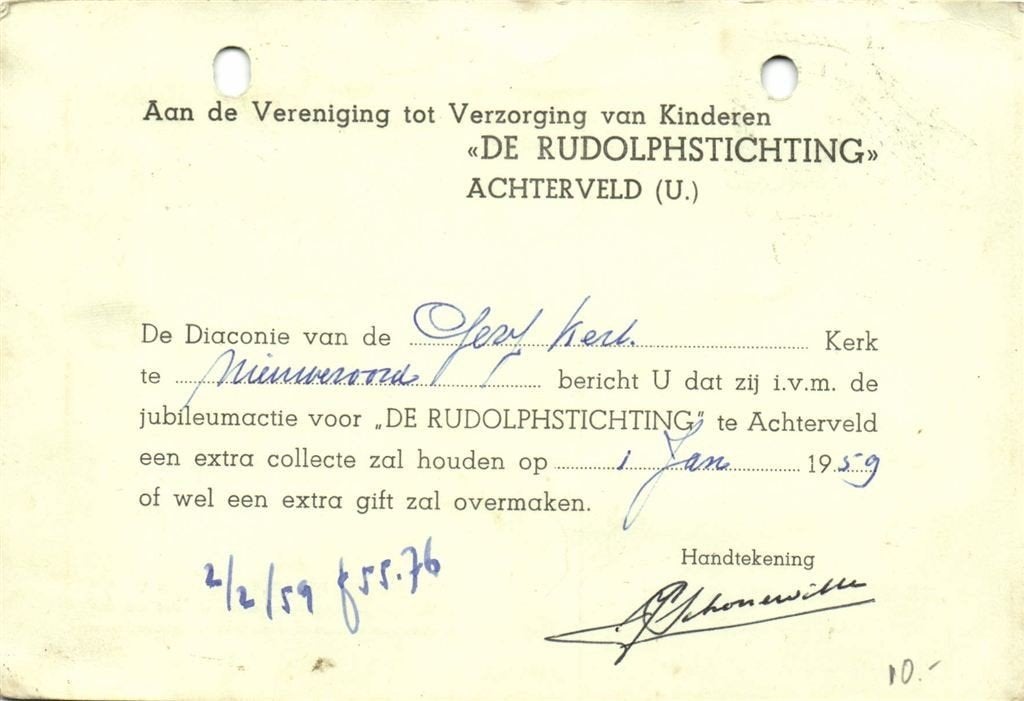 De Rudolphstichting, Achterveld - 01.1959 - antwoordkaart, Ophalen of Verzenden, Briefkaart