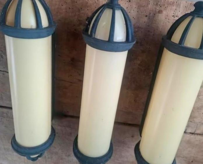 Art-Deco stijl wandlampen binnen/buiten PL of LED set van 3, Ophalen of Verzenden, Gebruikt, Metaal, Art-Deco