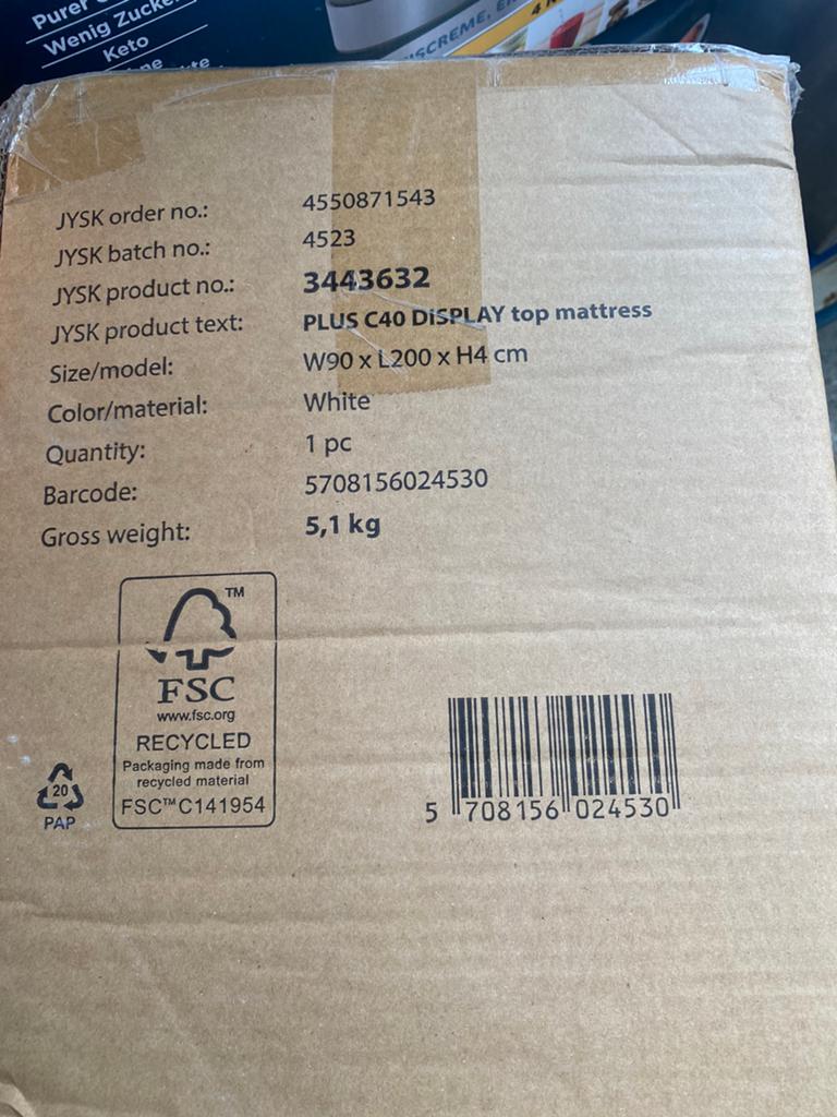 jysk plus c40 display top mattress w90xl200 top matras nieuw, Ophalen of Verzenden, Zo goed als nieuw, Tweepersoons
