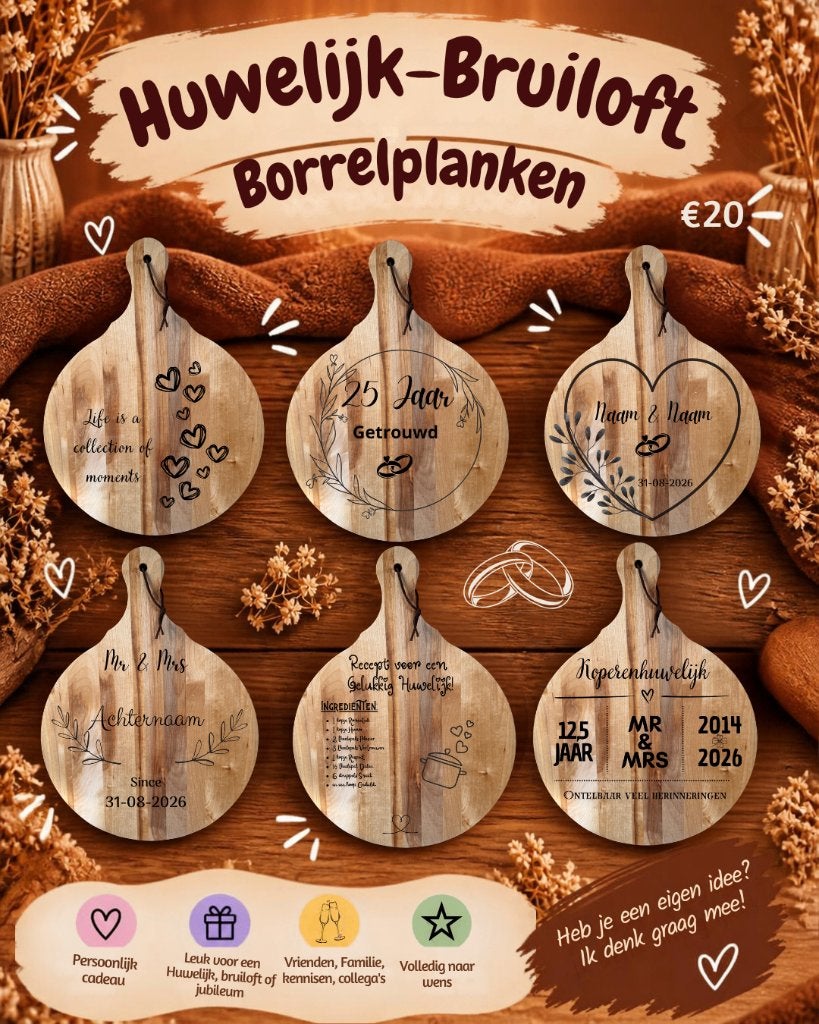 Borrelplank/serveerplank voor huwelijk, bruiloft of jubileum, Beige, Hout, Snij-/serveerplank, Nieuw