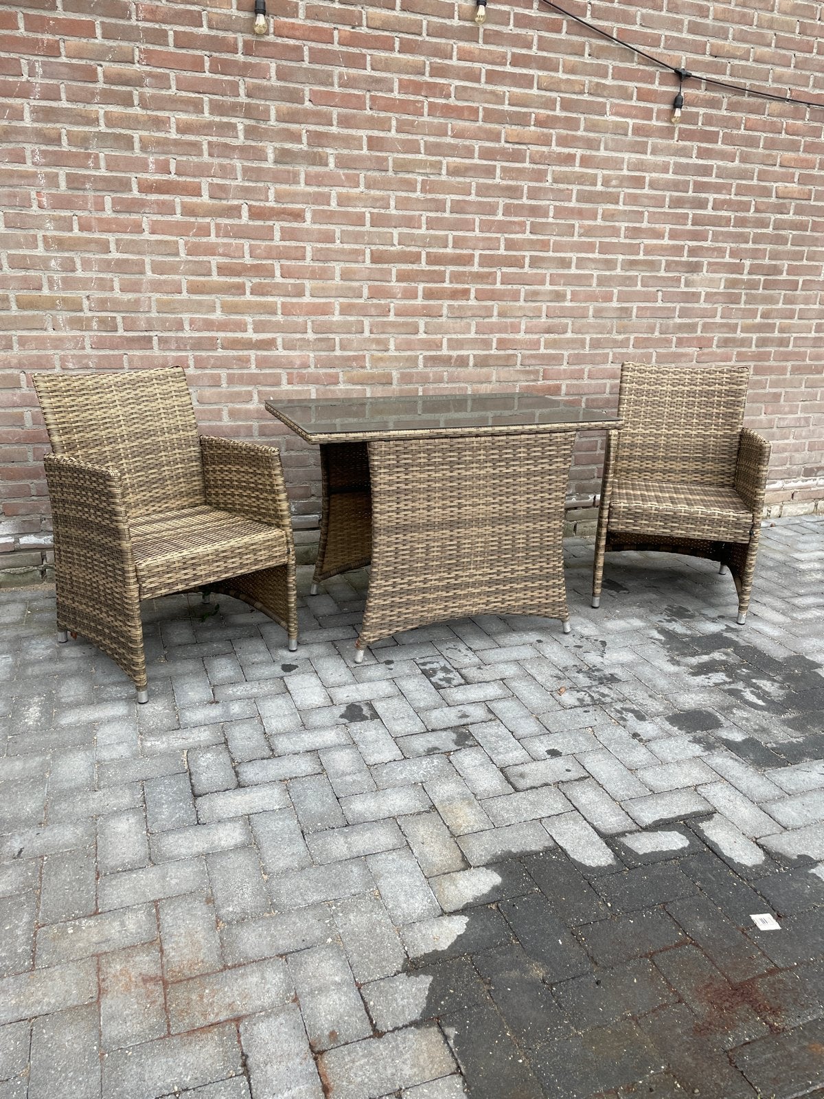 Wicker tuinset met glazen tafel en 2 stoelen, 2 zitplaatsen, Gebruikt, Eettafel, Ophalen of Verzenden