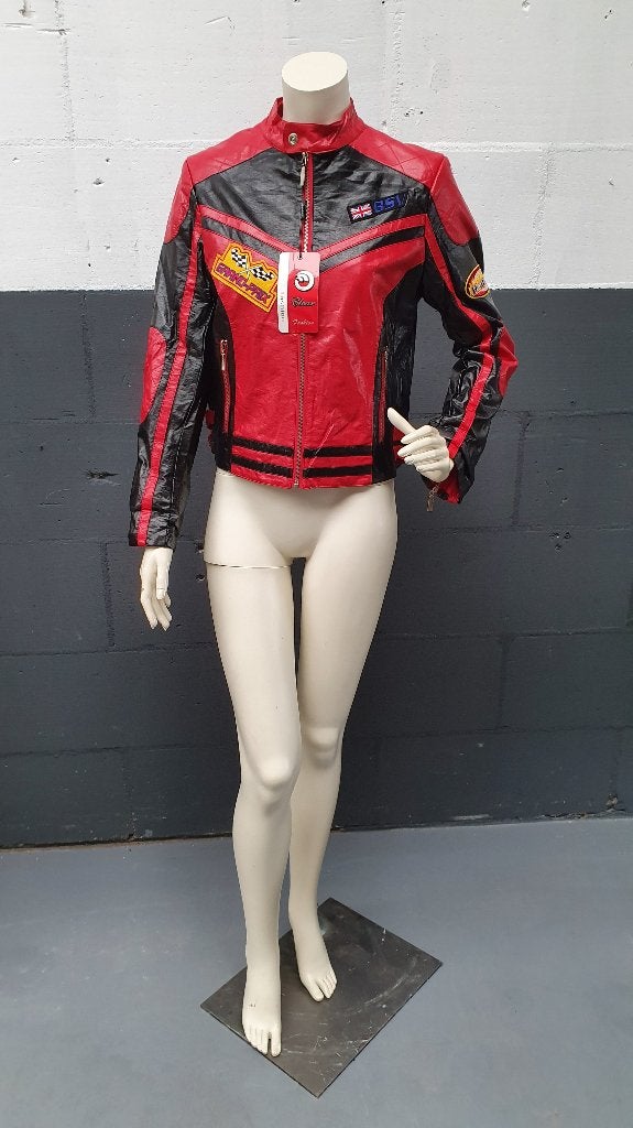Stoer leren jasje, race jas, bikerjas. Rood zwart, mt M. S24
