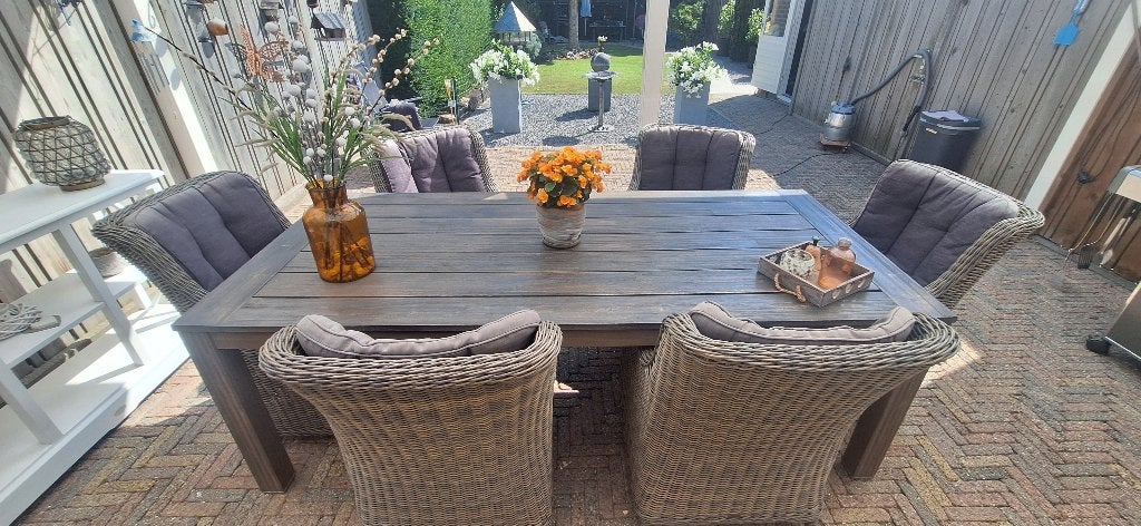 Tuintafel Acacia + 6 stoelen Wicker, Ophalen, Gebruikt, 6 zitplaatsen, Wicker