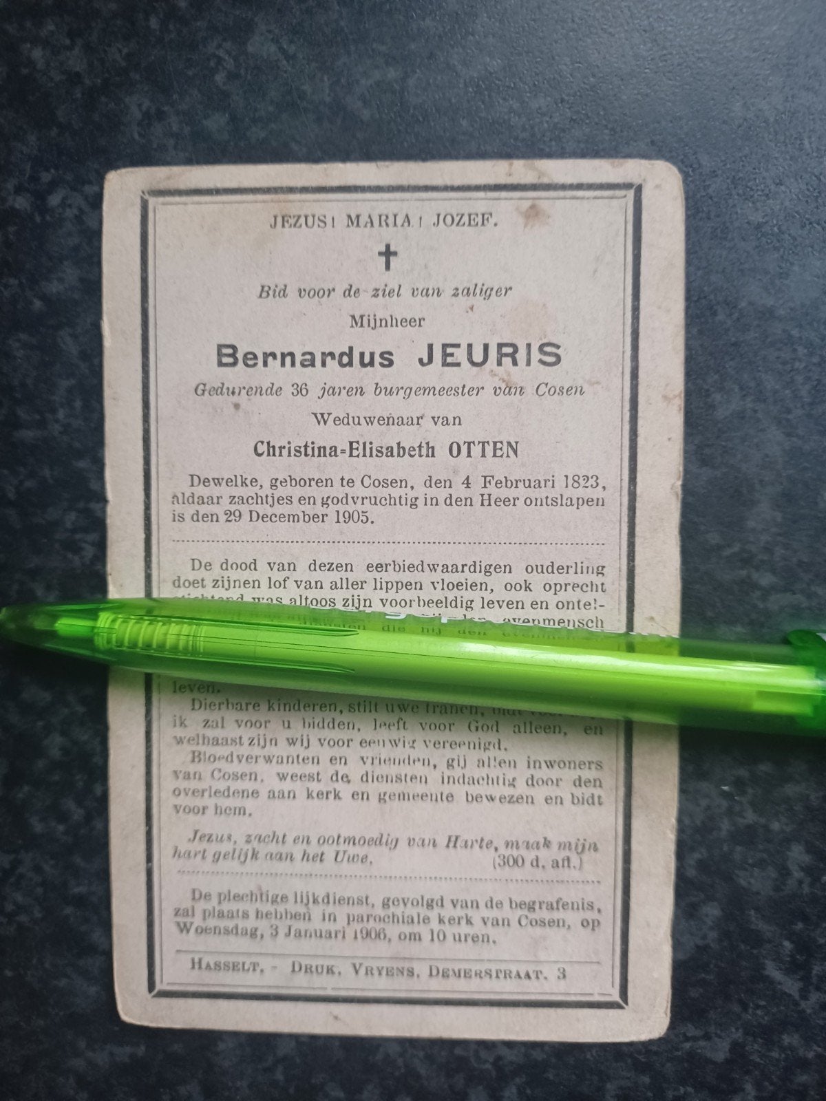 Bidprentje Cosen Bernardus Jeuris 1823 1905, Ophalen, Bidprentje