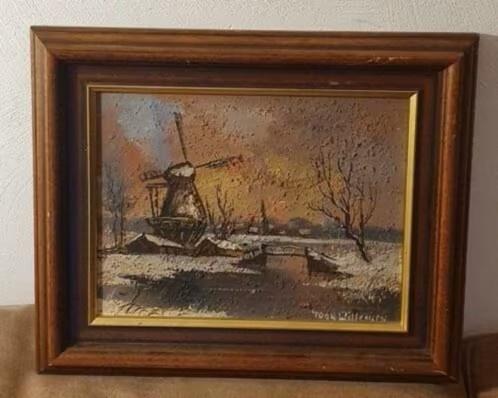Olieverf hollands winterlandschap molen Toon Willemsen., Antiek en Kunst, Ophalen