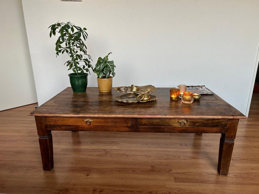 Vintage houten salontafel, Ophalen, 100 tot 150 cm, 50 tot 100 cm, Zo goed als nieuw