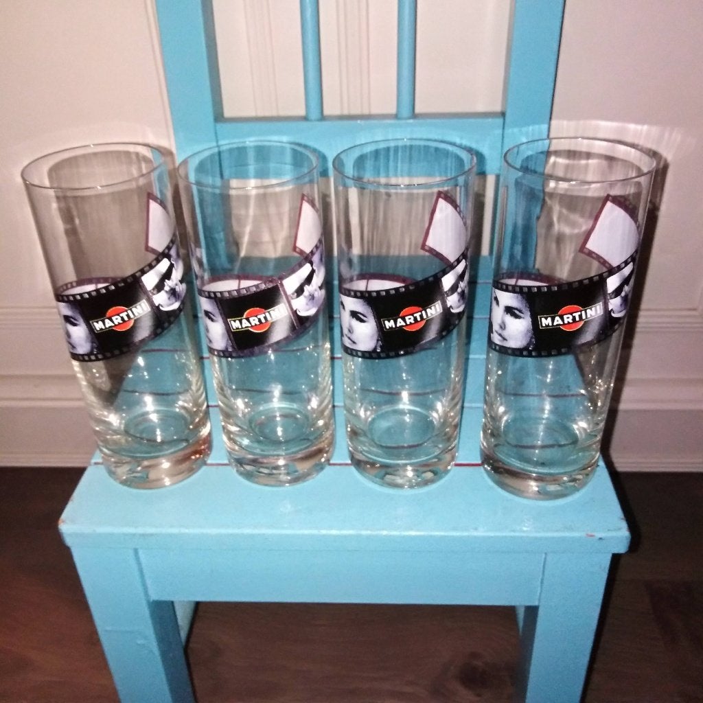 Martini longdrink glazen met filmrol logo 4 stuks, Huis en Inrichting, Keuken | Servies, Ophalen, Glas of Glazen, Overige stijlen