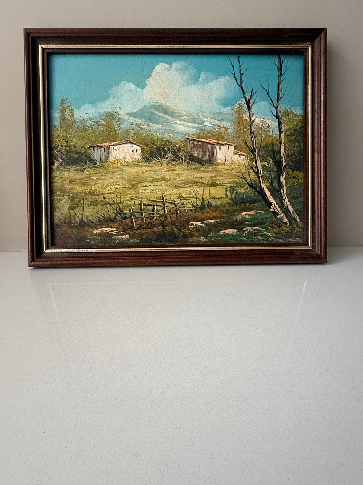 Olieverfschilderij landschap met huizen en bergen, Ophalen, Doek, Realistisch, Gesigneerd