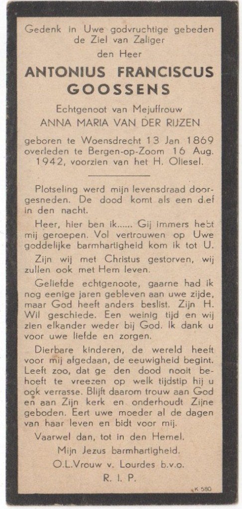 Antonius F. Goossens 1869 Woensdrecht + 1942 Bergen op Zoom, Ophalen of Verzenden