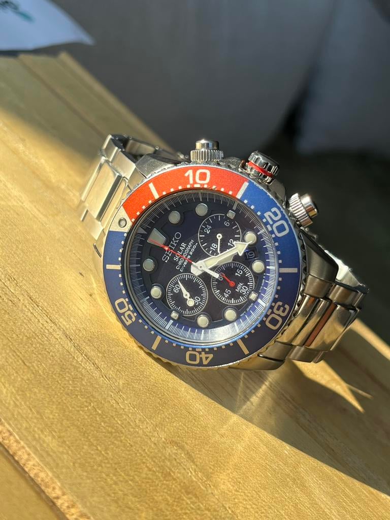 Seiko duikhorloge Pepsi chronograaf complete set, Ophalen of Verzenden, Zo goed als nieuw, Staal, Seiko