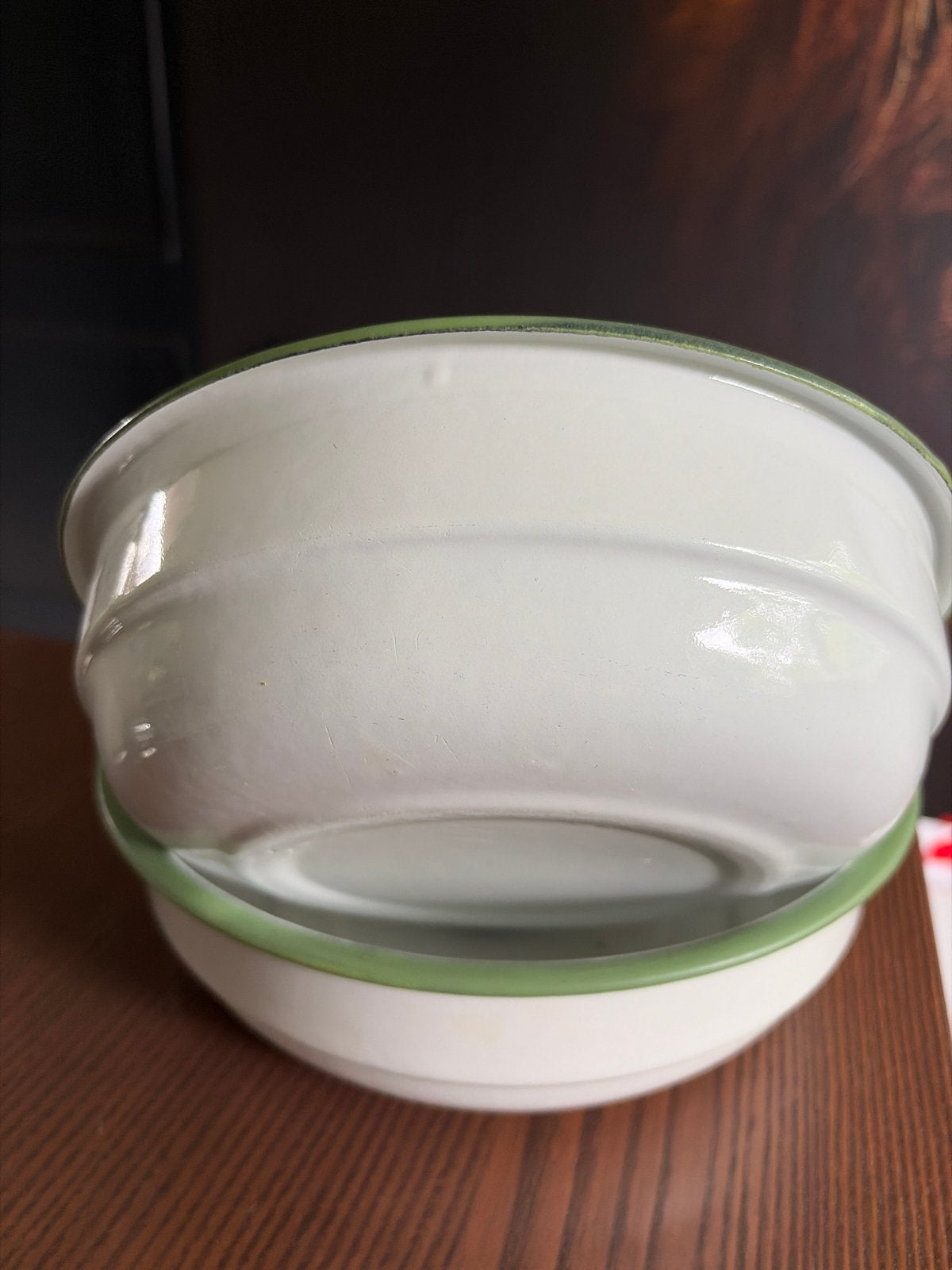 Set van 2 vintage emaille kommen - wit met groen, Ophalen of Verzenden