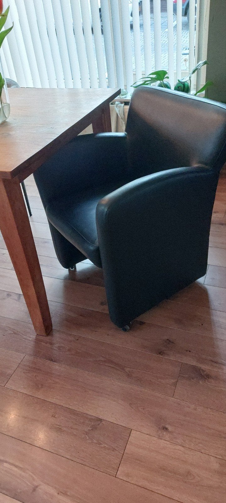 Echt lederen blauwe buraustoel/fauteuil op wieltjes, Ophalen, Blauw, Leer, Eén