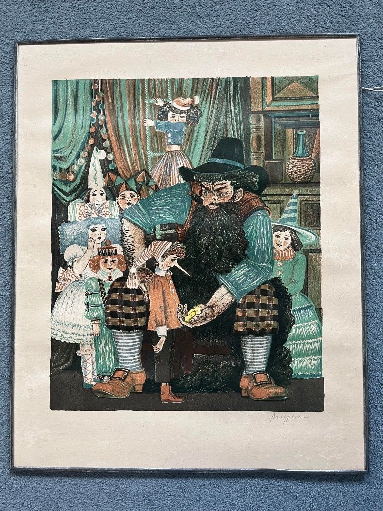 Lithografie sprookje Buratino door Russisch kunstenaar, Antiek en Kunst, Personages en Fantasiefiguren, Gelimiteerde oplage, Ophalen of Verzenden
