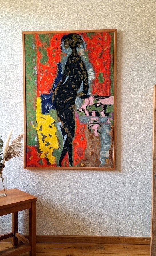 Abstract geborduurd schilderij: Vrouw achter de piano, Ophalen