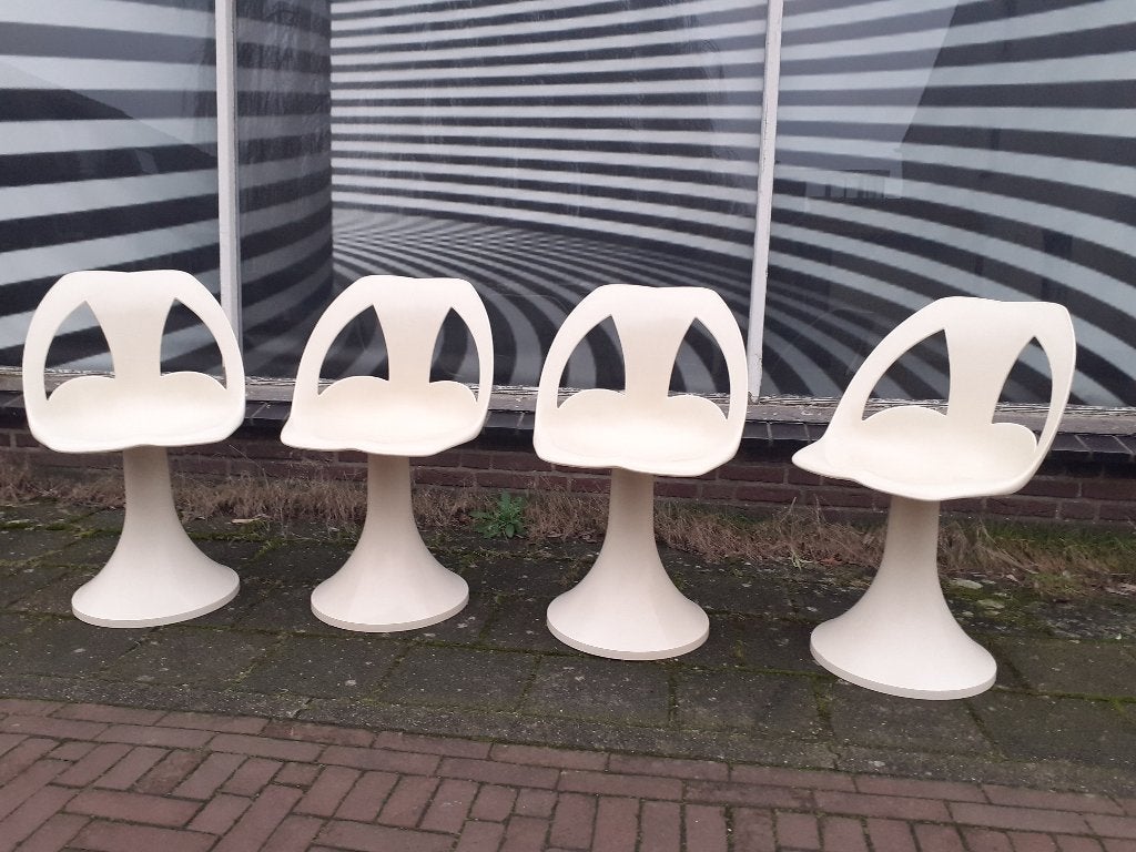 4 kunststof stoelen op voet space age design jaren 70 retro, Kunststof, Gebruikt, Wit, ?