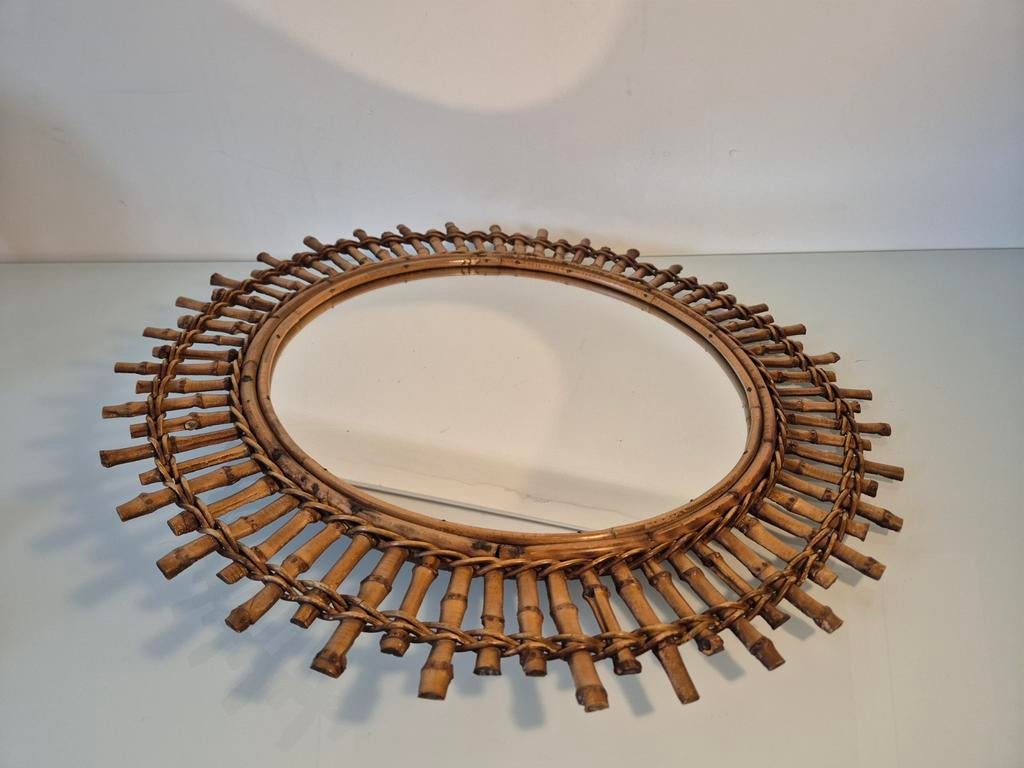 Vintage bamboe rotan starburst spiegel, Ophalen of Verzenden, Rond, 50 tot 100 cm, Minder dan 100 cm