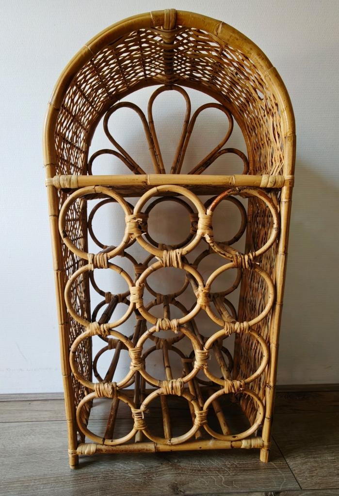 Vintage rotan/rattan wijnrekje, Ophalen, Gebruikt, Hout, 5 tot 15 flessen