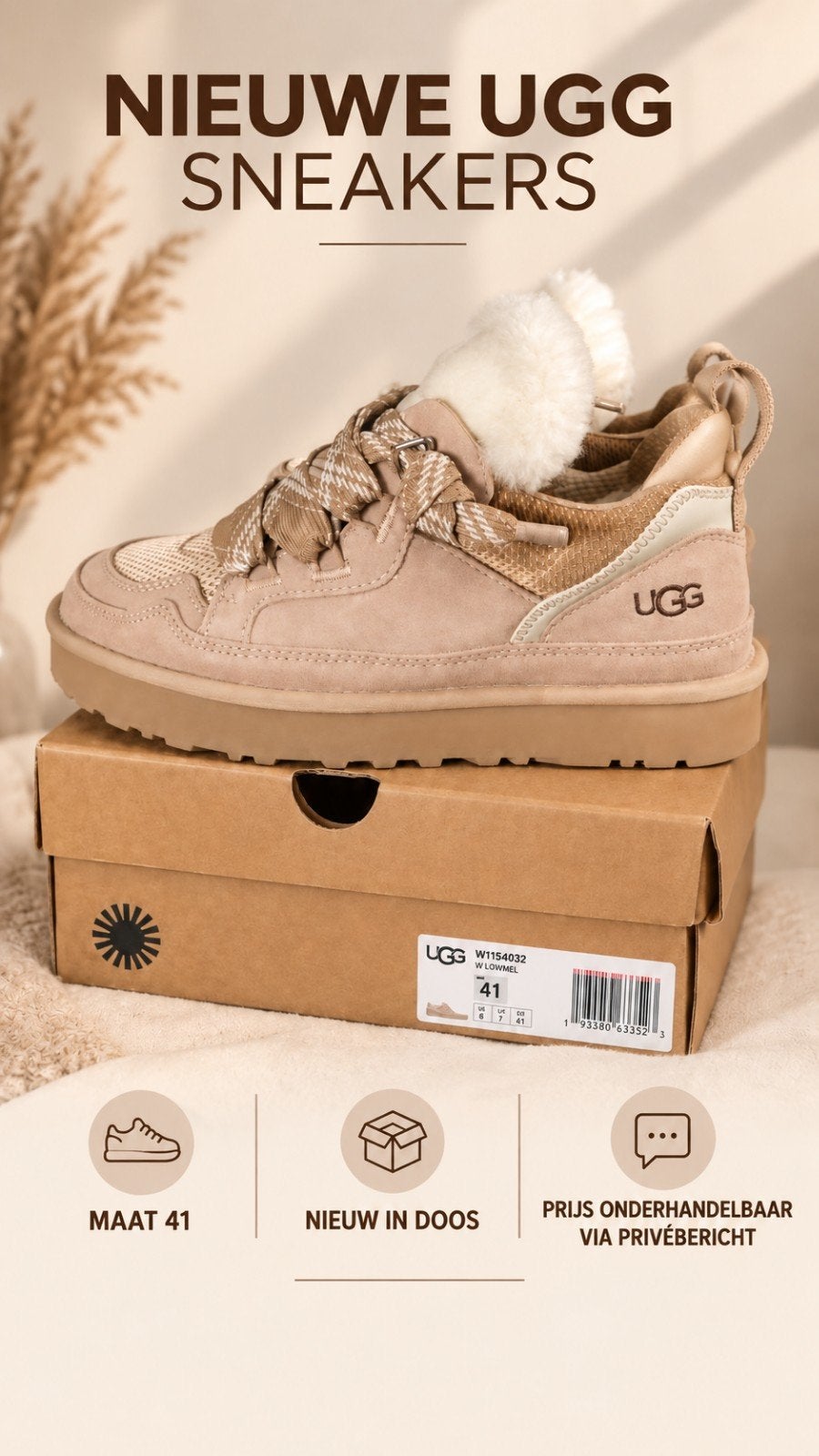 UGG Sneakers Lowmel – Maat 41 – Beige – Nieuw in doos, UGG, Beige, Nieuw, Ophalen of Verzenden
