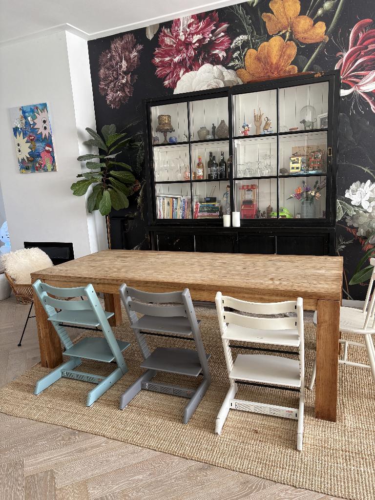 Massief houten eettafel, Ophalen, Gebruikt, 200 cm of meer, 50 tot 100 cm