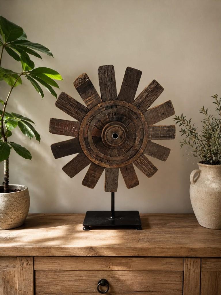 Prachtig houten wiel op metalen standaard - Landelijke stijl, Huis en Inrichting, Woonaccessoires | Overige, Hout, Ophalen of Verzenden