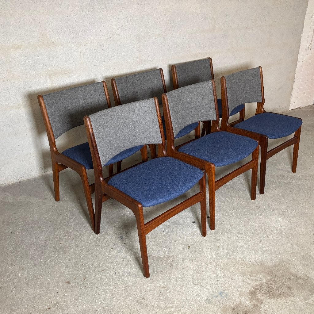 6x Model 89 Eetkamerstoelen door Erik Buch model 89, Huis en Inrichting, Stoelen, Ophalen of Verzenden, Zo goed als nieuw, Stof