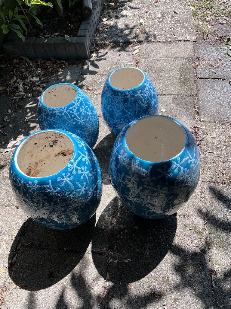 Grote Turquoise bloempotten/vazen, Ophalen, Gebruikt, Steen/keramiek, Met patroon/structuur