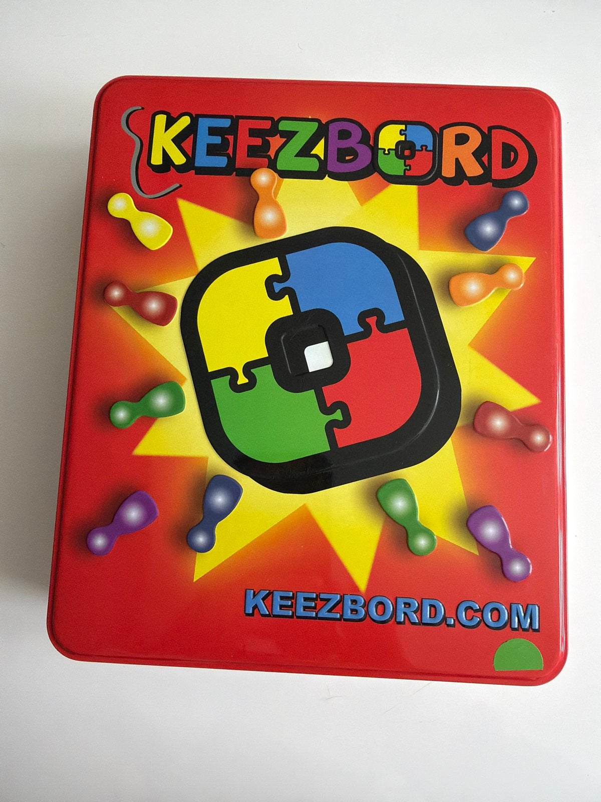 Keezbord bordspel met bewaarblik, Drie of vier spelers, Ophalen of Verzenden, Zo goed als nieuw