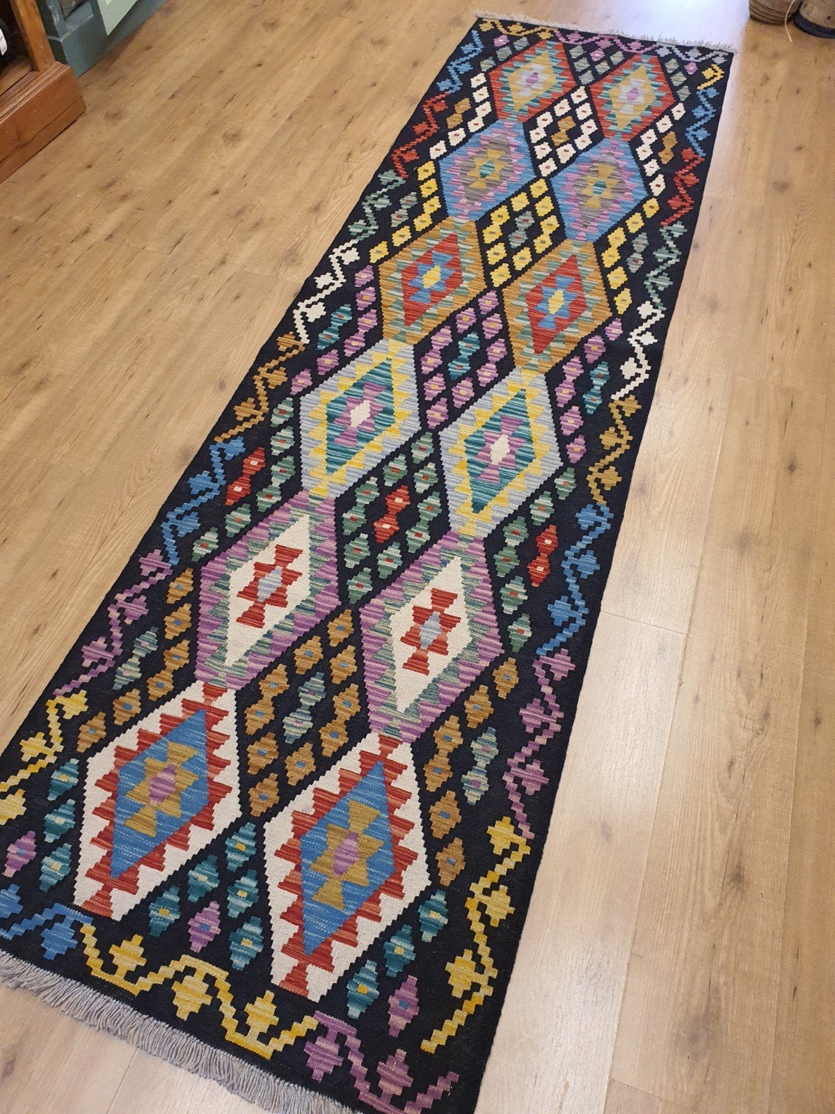 Handgeweven oosterse wollen kelim loper 305x85, Info@SlatsAntiek.nl, Vof Slats Antiek, Kelim, Geel